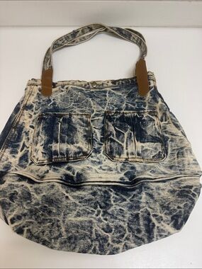 Source Unknown Acid-Wash Denim Tote with Brown Strap Tabs - Blue & Cream